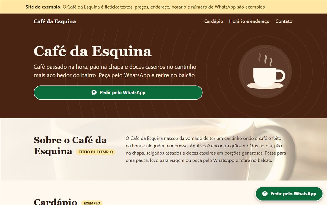 Página inicial do site Café da Esquina em um computador: título, botão de WhatsApp e xícara de café.